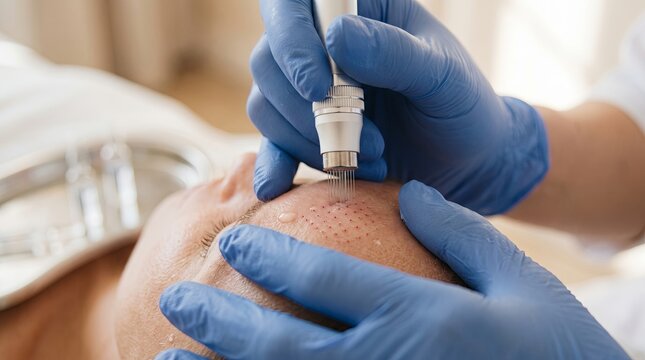 Microneedling treatment on forehead with practitioner wearing blue gloves