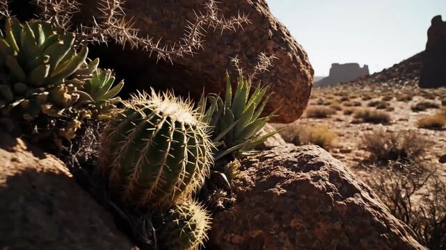 A hardy barrel cactus and succulents cling to life on sun-baked rocky outcrops in a stark desert landscape