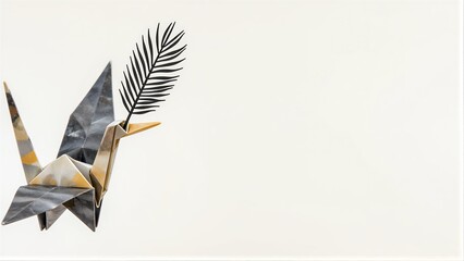 Obraz premium Origami crane with leaf crown, elegant design against minimalist white background.