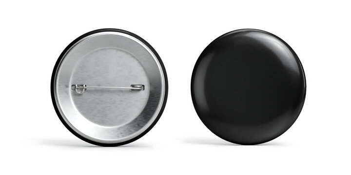 Front and back view of blank black round button pin badge mockup with accessory clothing promotion identity corporate branding circular template fastener collectible