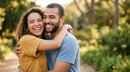 Fototapeta premium Happy young mixed race couple embracing and laughing outdoors in a park, representing love, romance, and joyful relationship moments