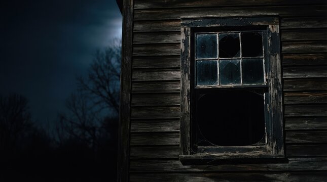 Spooky abandoned wooden cabin with a broken window at night under moonlight representing horror and fear