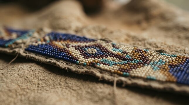 Close up of Native American traditional beadwork on leather buckskin strap showcasing intricate geometric patterns and cultural heritage