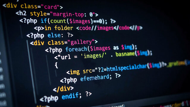 Php programming language source code on computer screen with programming software development computer technology developer internet application engineer information language function