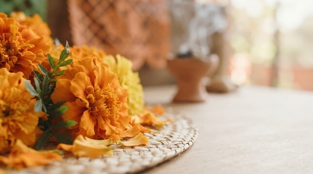 Dia de los Muertos altar with bright orange marigold flowers, cempasuchil, and copal incense for traditional Mexican celebration of the dead