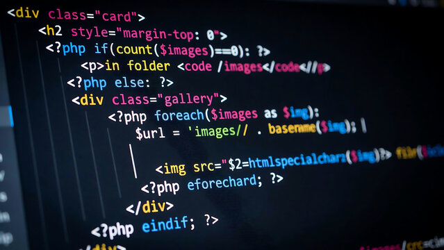 Php programming code on a computer screen monitor with programming software development computer technology developer language information computing internet