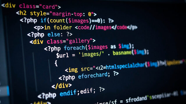 Programming code displayed on screen for software development with programming software development developer computer technology interface application language information webmaster
