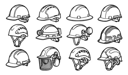 Fototapeta premium Set of twelve industrial worker safety helmets and hard hats with visor and light hand drawn black and white vector line art