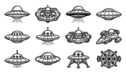 Set of twelve retro UFO flying saucers and alien spaceships hand drawn black and white vector line art illustration icons © MdShagarAli