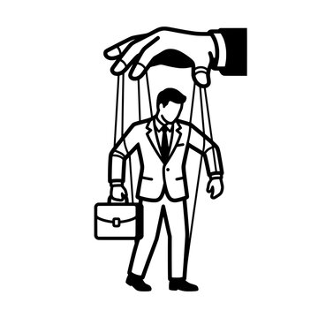 Hand Controlling Businessman Puppet on Strings Vector Illustration - Manipulation and Corporate Control Line Art Icon