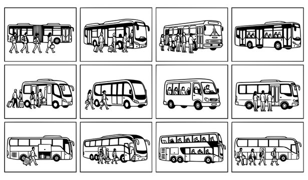 Grid set of twelve bus and passenger illustrations with coach city and double decker buses hand drawn vector line art