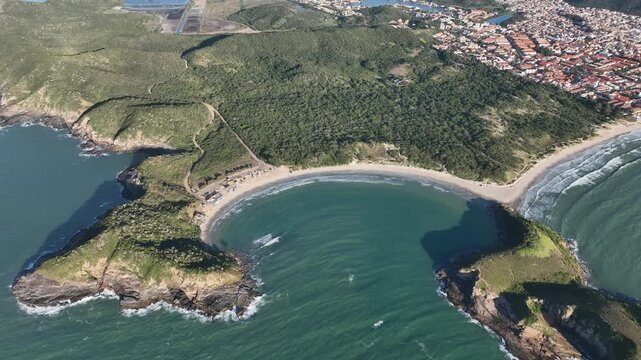 Cabo Frio in Rio de Janeiro. Conchas beach, Praia das Conchas. Aerial view, establishing shot.
