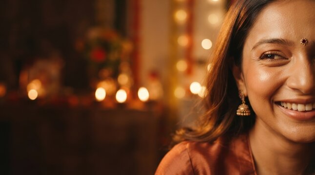 Close up portrait of a smiling young Indian woman celebrating Diwali festival at home with warm lights and festive decorations