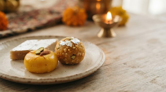 Traditional Indian sweets laddu burfi and peda served on a plate with a diya lit for Diwali festival celebration