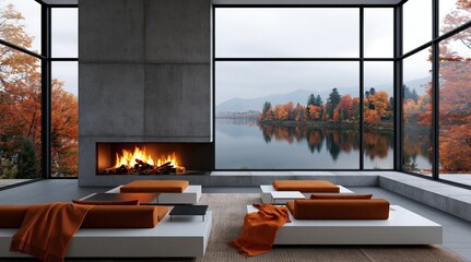 Obraz premium Modern luxury interior living room with cozy fireplace and autumn lake scenery