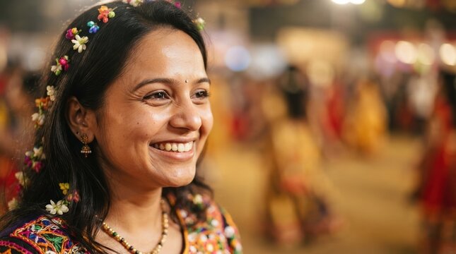 Happy Indian woman wearing traditional attire and flower garland smiling during a cultural celebration