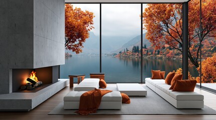 Obraz premium Living room interior with a modern luxury fireplace and scenic autumn lake view