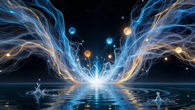 Celestial light streams dance above water, reflecting cosmic energy and wonder.