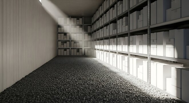 Dim Warehouse Storage Room with Shelving Boxes on Metal Racks