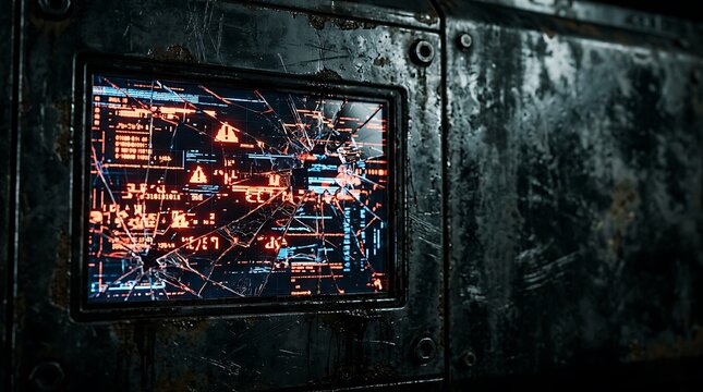 Cracked and glitching holographic display screen on dark worn metal panel