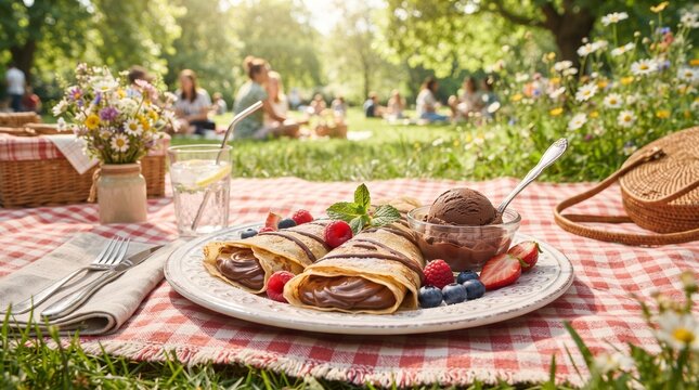 Sweet Crepes with Chocolate Ice Cream Summer Picnic. Sweet crepes and chocolate ice cream served outdoors during a sunny summer picnic with fresh fruits.