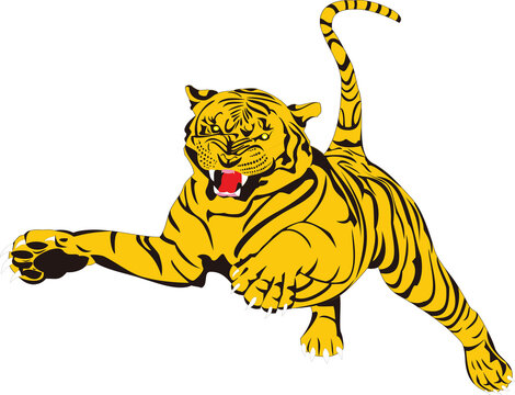 Fierce tiger attacking pose in flat vector style, ideal for sports mascots, wildlife, branding, and logo designs.
