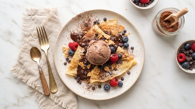 Top View Sweet Crepes and Chocolate Ice Cream Flat Lay. Overhead composition of sweet crepes and chocolate ice cream with fresh berries and chocolate toppings.