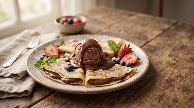French Sweet Crepes with Chocolate Ice Cream and Fresh Berries. Freshly made French crepes served with creamy chocolate ice cream, berries and chocolate sauce in warm natural light.