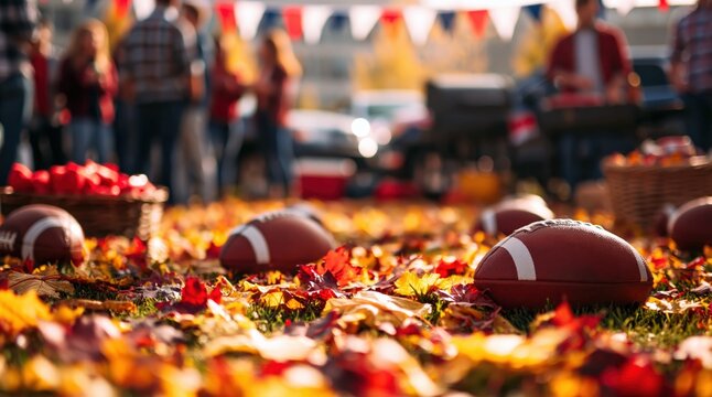 Football on autumn leaves at an outdoor tailgate party with fans at a sports game