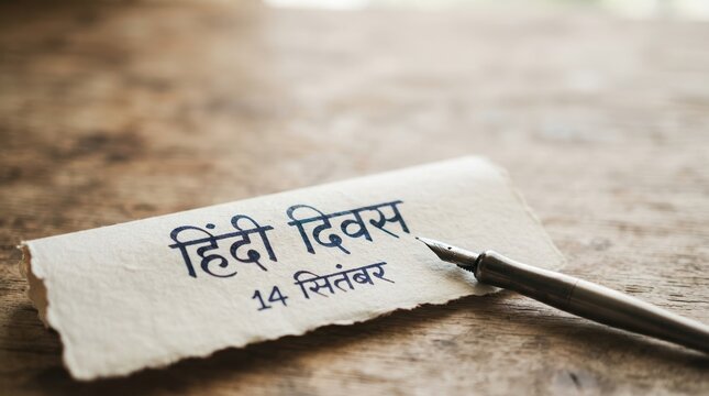 Hindi Diwas celebration concept with September 14 date written on paper and fountain pen on wooden table background