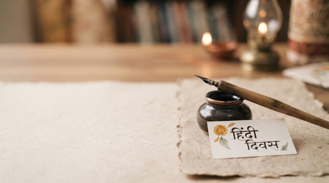 Hindi Diwas celebration concept with traditional ink pen, inkpot and handwritten card on handmade paper for Indian national language day