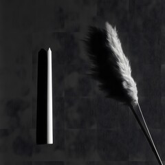 Fototapeta premium Tall taper candle and dried pampas grass on dark charcoal backdrop