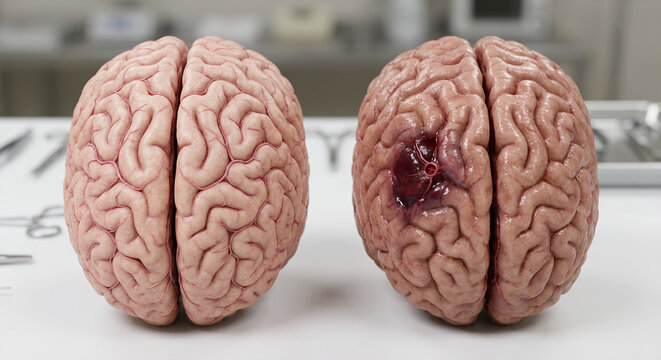 Healthy Brain vs Brain Hemorrhage 3D Medical Illustration of Intracerebral Bleeding