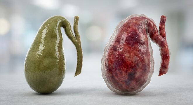 Healthy Gallbladder vs Cholecystitis 3D Medical Illustration of Inflamed Gallbladder