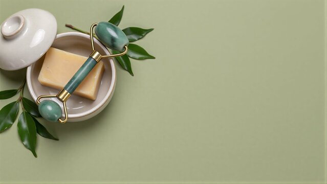 Green jade roller, soap, and leaves on soft green background.