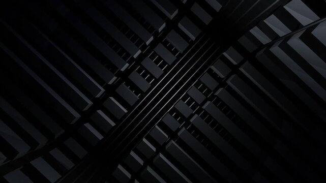 Seamless loop animation of abstract dark metallic geometric bars moving continuously across a black background