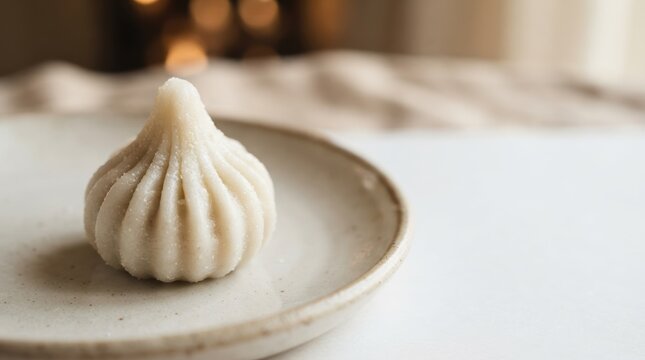Traditional sweet modak on a white plate prepared for Ganesh Chaturthi festival celebration in India representing auspicious offering and devotion
