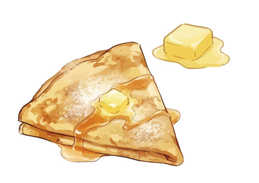 Appetizing fruit crepe illustration with glossy syrup, fresh berries, whipped cream and delicious dessert presentation ／ シズル感のあるクレープのイラスト、艶のあるシロップとフルーツ、生クリームを添えた美味しそうなデザート