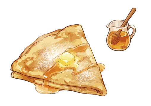 Appetizing fruit crepe illustration with glossy syrup, fresh berries, whipped cream and delicious dessert presentation ／ シズル感のあるクレープのイラスト、艶のあるシロップとフルーツ、生クリームを添えた美味しそうなデザート
