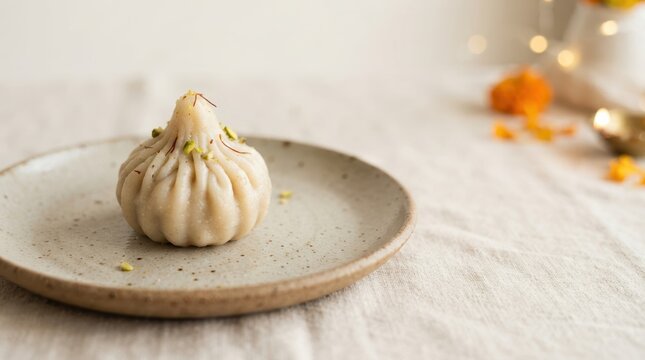 Traditional Indian sweet modak served on a ceramic plate for Ganesh Chaturthi festival celebration