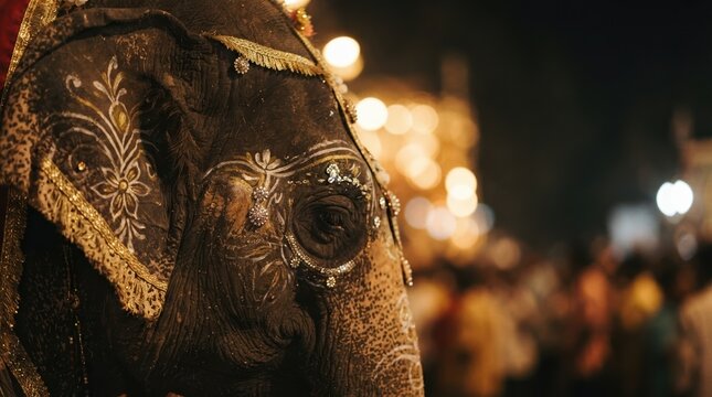 Decorated Indian elephant with intricate traditional patterns and jewels during a cultural festival procession at night
