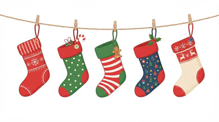 Christmas stockings hanging on a rope with festive patterns isolated on white background © Reni