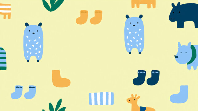 Playful patterns featuring cute animals and colorful socks on a soft background.