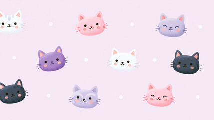 Fototapeta premium Playful cat faces in pastel colors on a soft pink background.