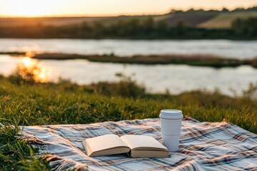 Naklejka premium Book and coffee for reading on a peaceful blanket by the river during a sunset