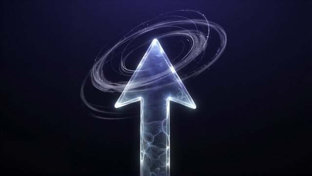 Glowing arrow with crackled light, swirling energy behind it against dark background.