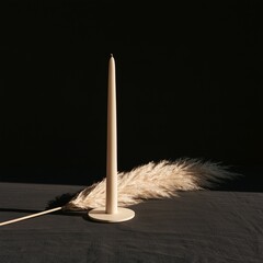 Fototapeta premium Slender taper candle beside windblown pampas grass on charcoal field
