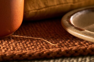 Macro view of wool throw, ceramic mug and mustard cushion by candlelight © Tharshan