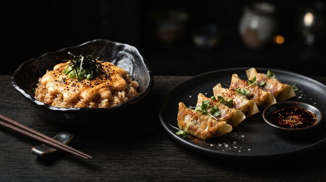 Premium Japanese Mentai Rice and Crispy Gyoza. Elegant Japanese mentai rice with creamy mentaiko topping and crispy gyoza presented in luxury restaurant style.