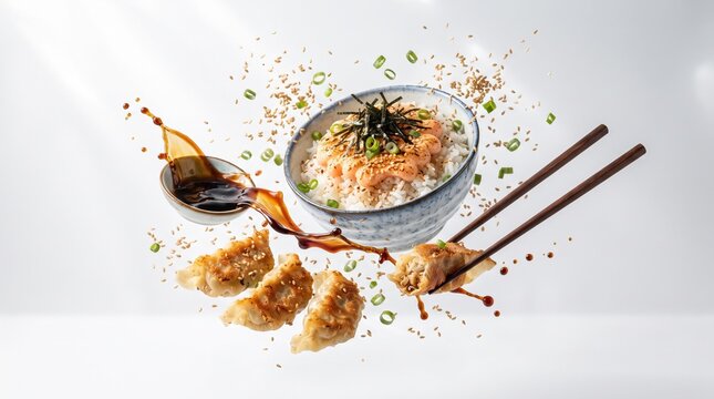 Floating Mentai Rice and Gyoza Isolated on White. Creative floating Japanese meal with mentai rice, crispy gyoza and dynamic flying ingredients isolated on white.